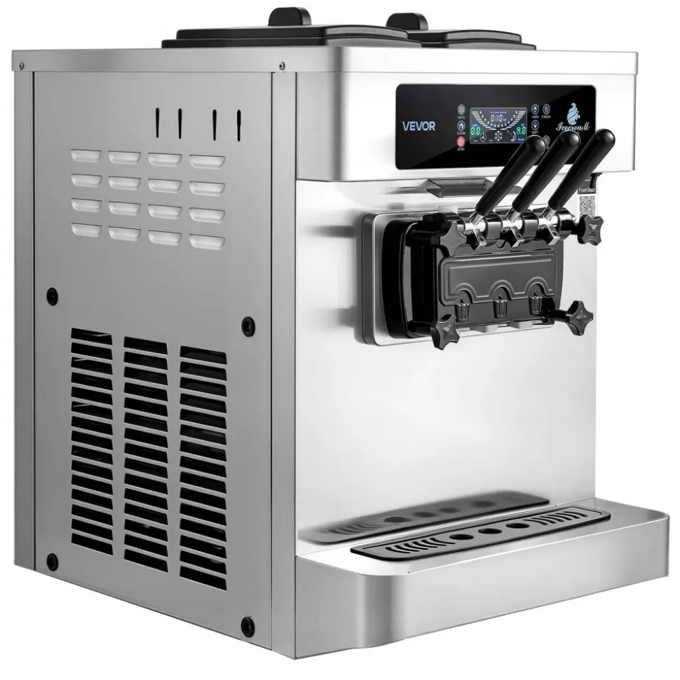 VEVOR Commercial Ice Cream Machine, 20-28L/H Yield, 2200W 3-Flavor Countertop Soft Serve Ice Cream Maker with 2 x 6L Hoppers & Built-In Puffing Pump, Pre-Cooling Low-Mix Alert for Snack Dessert Shops