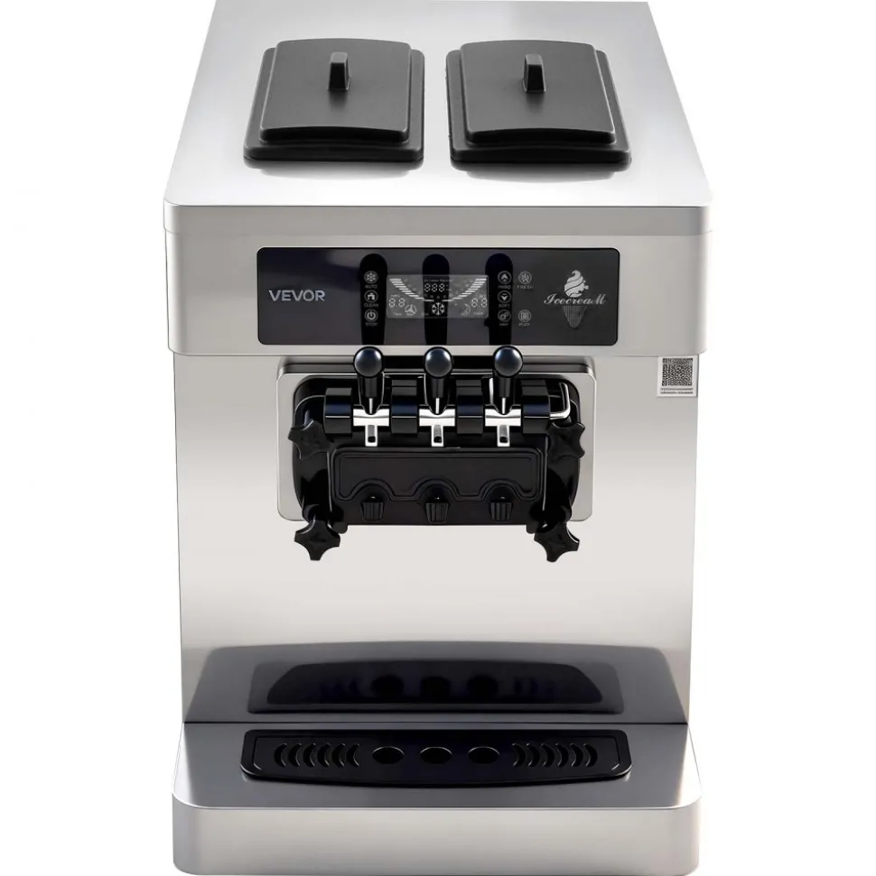 VEVOR Commercial Ice Cream Machine, 20-28L/H Yield, 2200W 3-Flavor Countertop Soft Serve Ice Cream Maker with 2 x 6L Hoppers & Built-In Puffing Pump, Pre-Cooling Low-Mix Alert for Snack Dessert Shops