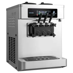 VEVOR Commercial Ice Cream Machine, 20-28L/H Yield, 2200W 3-Flavor Countertop Soft Serve Ice Cream Maker with 2 x 6L Hoppers & Built-In Puffing Pump, Pre-Cooling Low-Mix Alert for Snack Dessert Shops