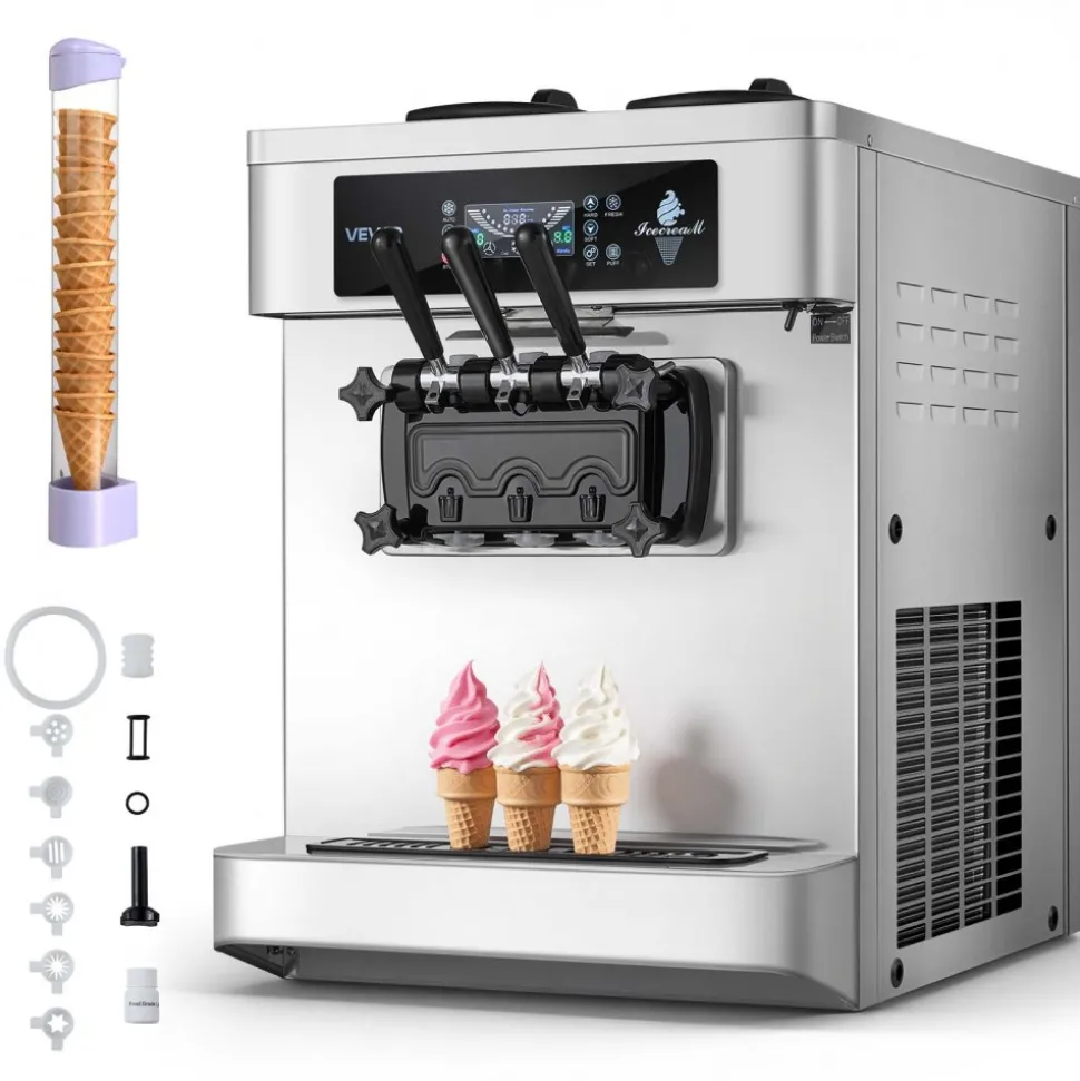 VEVOR Commercial Ice Cream Machine, 20-28L/H Yield, 2200W 3-Flavor Countertop Soft Serve Ice Cream Maker with 2 x 6L Hoppers & Built-In Puffing Pump, Pre-Cooling Low-Mix Alert for Snack Dessert Shops