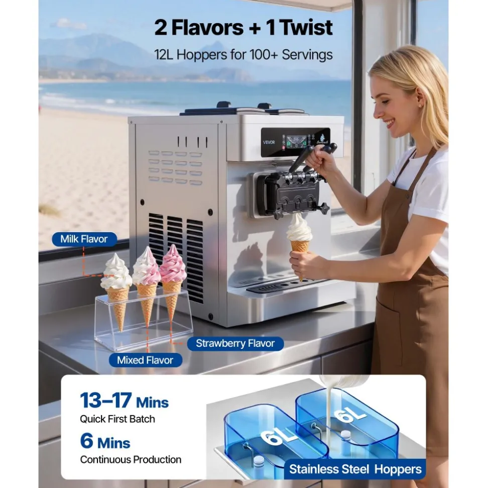 VEVOR Commercial Ice Cream Machine, 20-28L/H Yield, 2200W 3-Flavor Countertop Soft Serve Ice Cream Maker with 2 x 6L Hoppers & Built-In Puffing Pump, Pre-Cooling Low-Mix Alert for Snack Dessert Shops