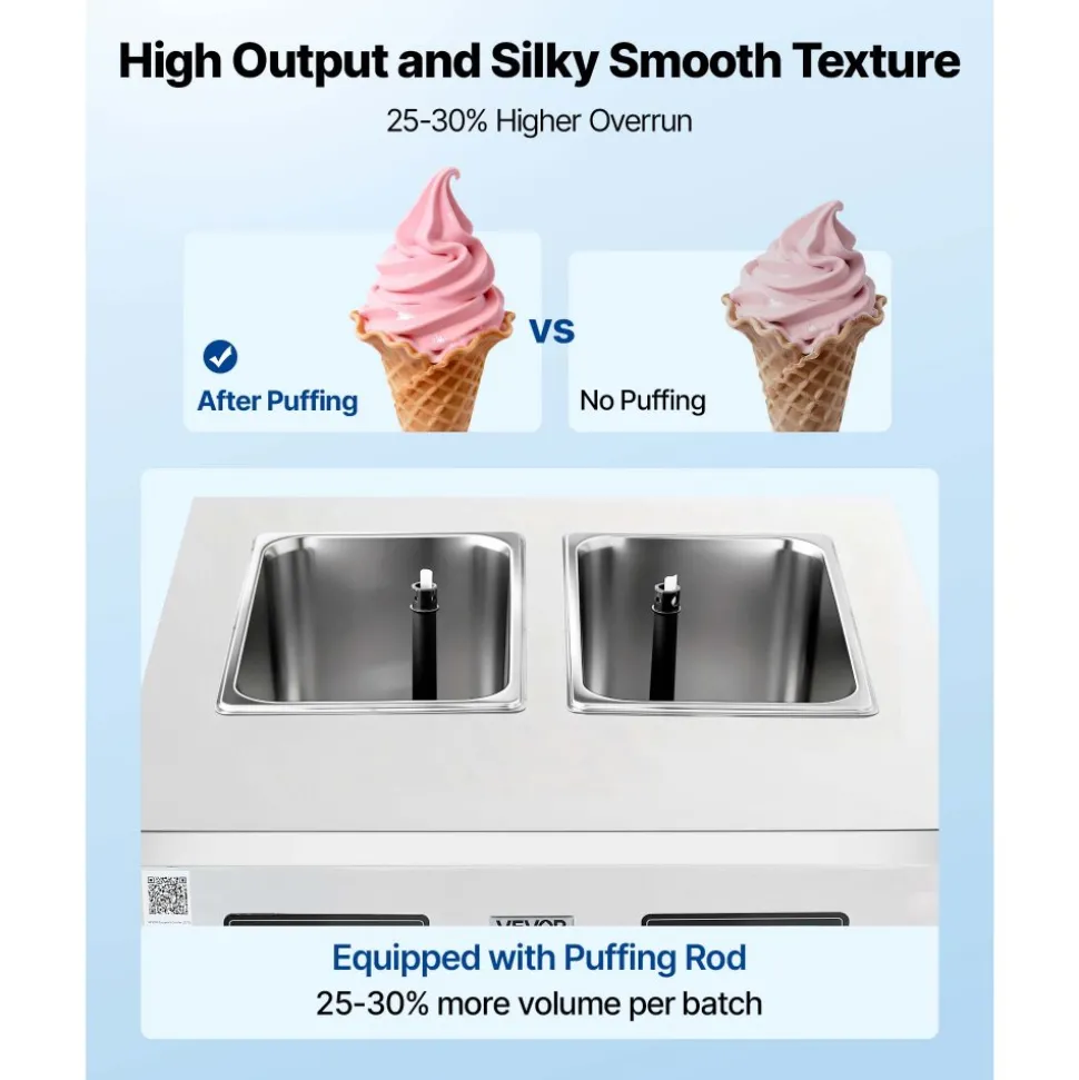 VEVOR Commercial Ice Cream Machine, 20-28L/H Yield, 2200W 3-Flavor Countertop Soft Serve Ice Cream Maker with 2 x 6L Hoppers & Hopper Agitation, Pre-Cooling Self-Cleaning for Snack Dessert Shops