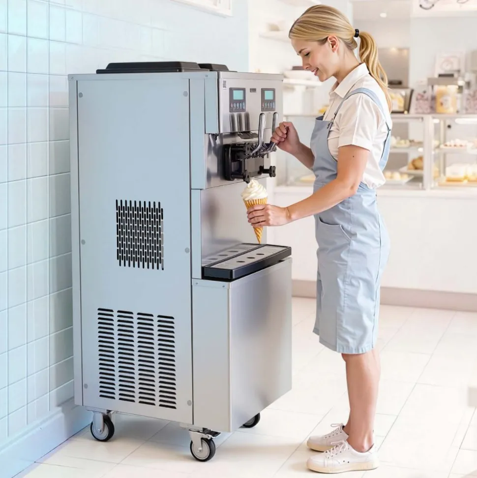 VEVOR Commercial Ice Cream Machine, 20-28L/H Yield, 2200W 3-Flavor Countertop Soft Serve Ice Cream Maker with 2 x 6L Hoppers & Hopper Agitation, Pre-Cooling Self-Cleaning for Snack Dessert Shops