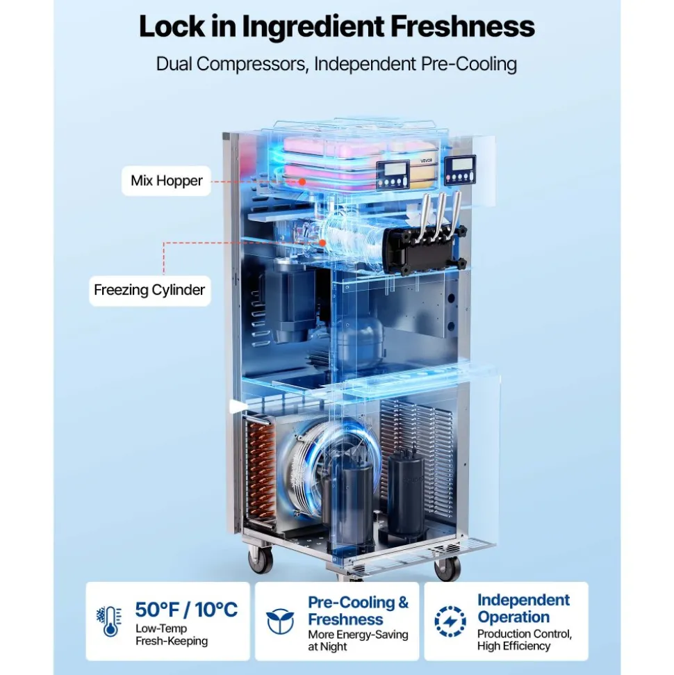 VEVOR Commercial Ice Cream Machine, 20-28L/H Yield, 2200W 3-Flavor Countertop Soft Serve Ice Cream Maker with 2 x 6L Hoppers & Hopper Agitation, Pre-Cooling Self-Cleaning for Snack Dessert Shops