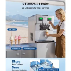 VEVOR Commercial Ice Cream Machine, 20-28L/H Yield, 2200W 3-Flavor Countertop Soft Serve Ice Cream Maker with 2 x 6L Hoppers & Hopper Agitation, Pre-Cooling Self-Cleaning for Snack Dessert Shops