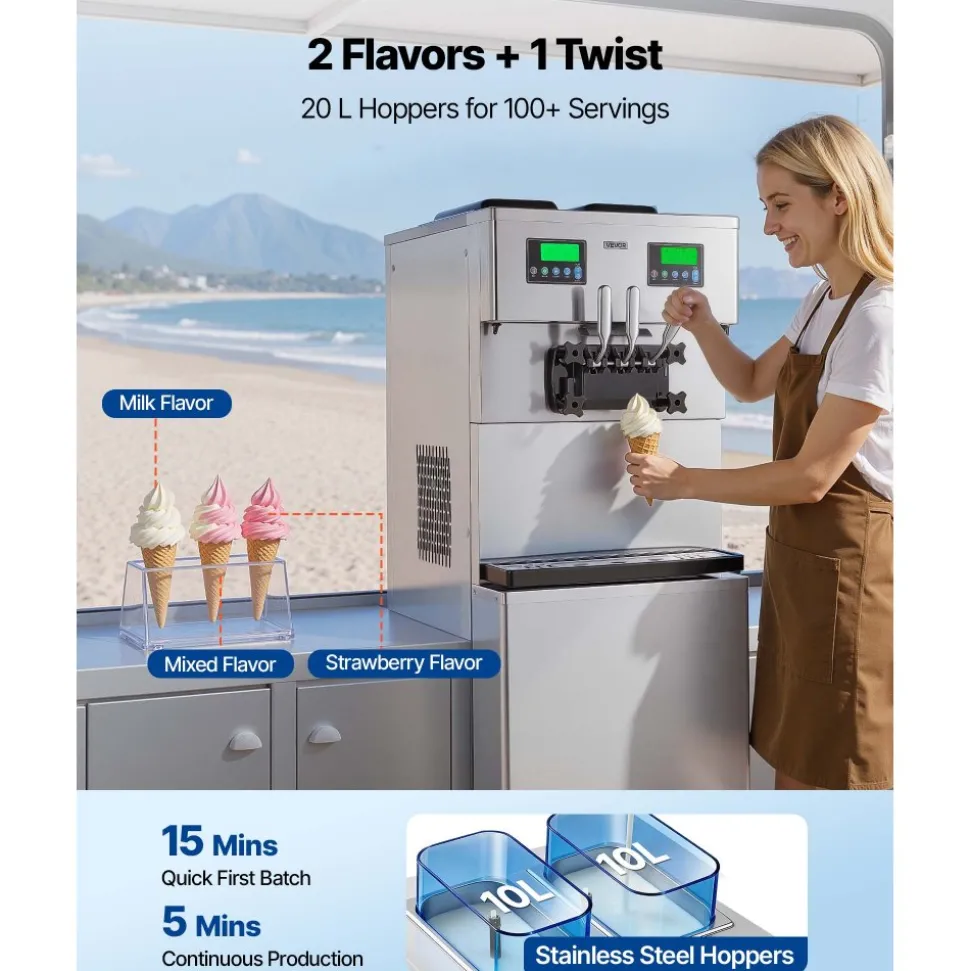 VEVOR Commercial Ice Cream Machine, 20-28L/H Yield, 2200W 3-Flavor Countertop Soft Serve Ice Cream Maker with 2 x 6L Hoppers & Hopper Agitation, Pre-Cooling Self-Cleaning for Snack Dessert Shops