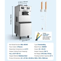 VEVOR Commercial Ice Cream Machine, 20-28L/H Yield, 2200W 3-Flavor Countertop Soft Serve Ice Cream Maker with 2 x 6L Hoppers & Hopper Agitation, Pre-Cooling Self-Cleaning for Snack Dessert Shops