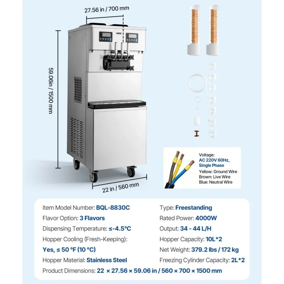 VEVOR Commercial Ice Cream Machine, 20-28L/H Yield, 2200W 3-Flavor Countertop Soft Serve Ice Cream Maker with 2 x 6L Hoppers & Hopper Agitation, Pre-Cooling Self-Cleaning for Snack Dessert Shops