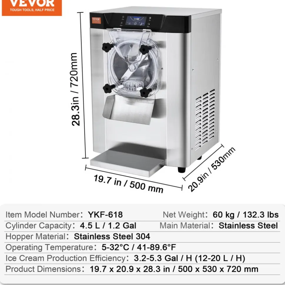 VEVOR Commercial Ice Cream Machine, 12 L/H Yield, 1713W Single Flavor Countertop Hard Serve Ice Cream Maker, 4.5L Stainless Steel Cylinder, LED Panel Auto Clean Pre-cooling, for Restaurant Snack Bars