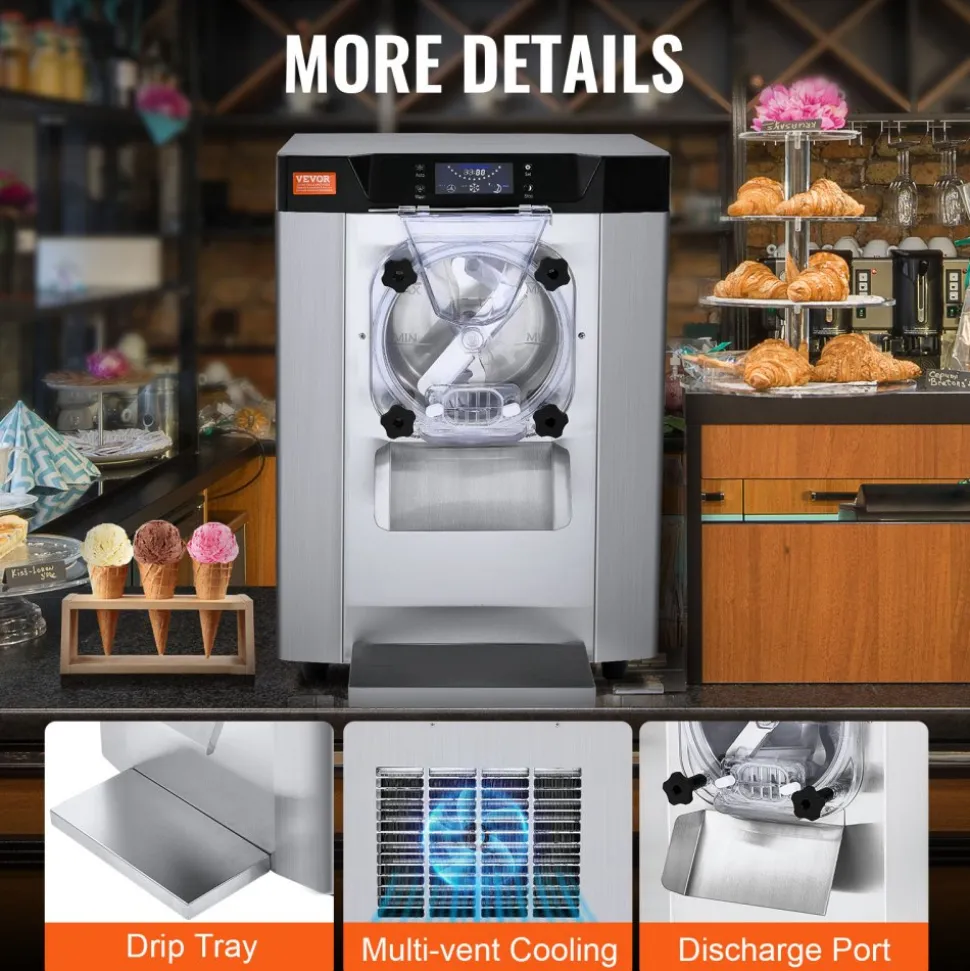 VEVOR Commercial Ice Cream Machine, 12 L/H Yield, 1713W Single Flavor Countertop Hard Serve Ice Cream Maker, 4.5L Stainless Steel Cylinder, LED Panel Auto Clean Pre-cooling, for Restaurant Snack Bars
