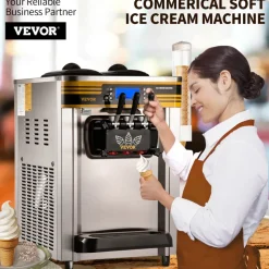 VEVOR Commercial Ice Cream Machine, 20-28L/H Yield, 2200W 3-Flavor Freestanding Soft Serve Ice Cream Maker with 2 x 6L Hoppers & Built-In Puffing Pump, Pre-Cooling Low-Mix Alert for Snack Dessert Shop