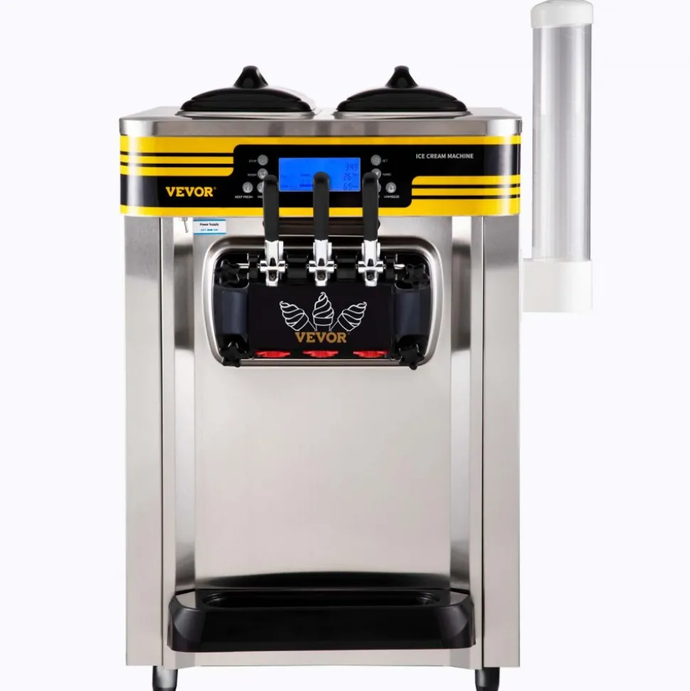 VEVOR Commercial Ice Cream Maker, 22-30L/H Yield, Countertop Soft Serve Machine with 2x6L Hopper 2L Cylinder LCD Panel Puffing Shortage Alarm, Frozen Yogurt Maker for Restaurant Snack Bar, Silve
