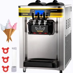 VEVOR Commercial Ice Cream Maker, 22-30L/H Yield, Countertop Soft Serve Machine with 2x6L Hopper 2L Cylinder LCD Panel Puffing Shortage Alarm, Frozen Yogurt Maker for Restaurant Snack Bar, Silve