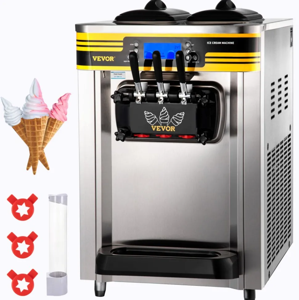 VEVOR Commercial Ice Cream Maker, 22-30L/H Yield, Countertop Soft Serve Machine with 2x6L Hopper 2L Cylinder LCD Panel Puffing Shortage Alarm, Frozen Yogurt Maker for Restaurant Snack Bar, Silve