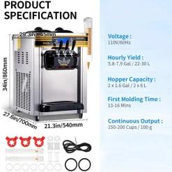 VEVOR Commercial Ice Cream Maker, 22-30L/H Yield, Countertop Soft Serve Machine with 2x6L Hopper 2L Cylinder LCD Panel Puffing Shortage Alarm, Frozen Yogurt Maker for Restaurant Snack Bar, Silve