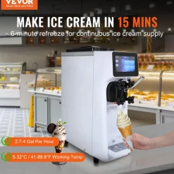 VEVOR Commercial Ice Cream Machine, 10.6 QT/H Yield, 1000W Single Flavor Countertop Soft Serve Ice Cream Maker, 4L Hopper 1.6L Cylinder, Touch Screen Auto Clean Pre-cooling, for Restaurant Snack Bar