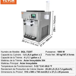 VEVOR Commercial Ice Cream Machine, 10.6 QT/H Yield, 1000W Single Flavor Countertop Soft Serve Ice Cream Maker, with 4L Hopper 1.6L Cylinder, LCD Panel Auto Clean Pre-cooling, for Restaurant Snack Bar