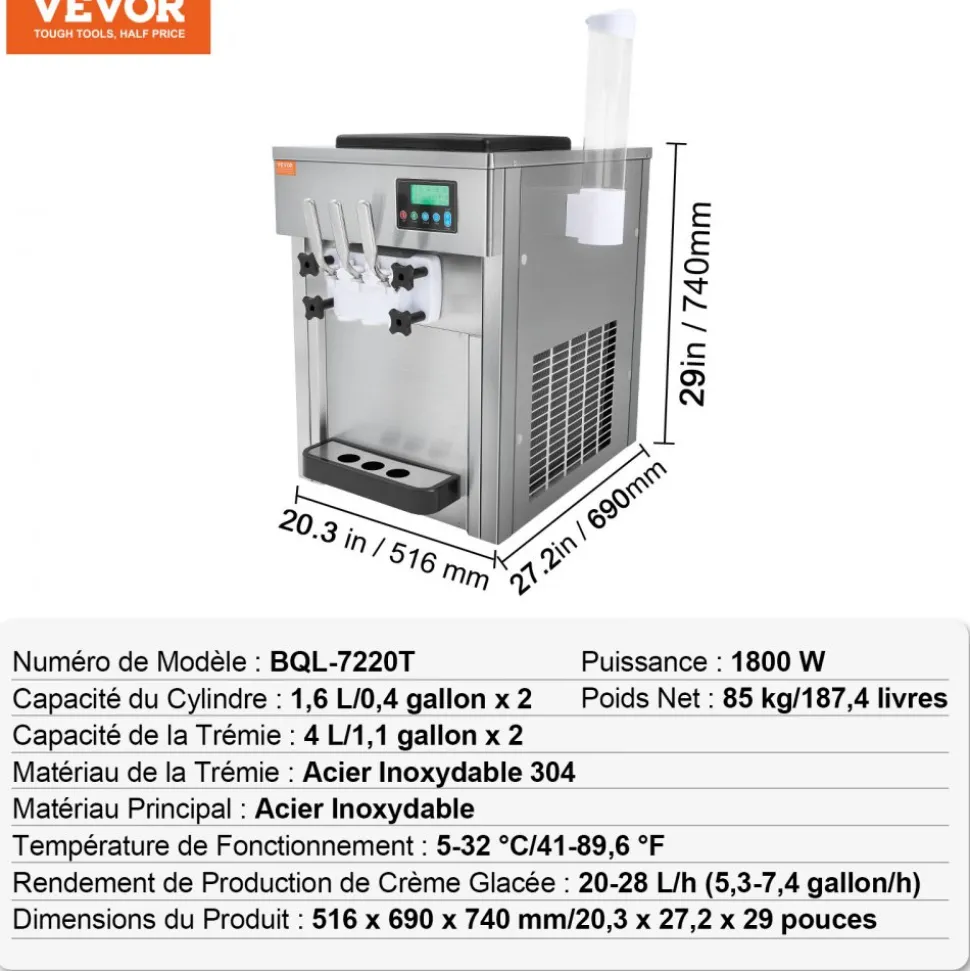VEVOR Commercial Ice Cream Machine, 21 QT/H Yield, 1800W 3-Flavor Countertop Soft Serve Ice Cream Maker, 2 x 4L Hopper 2 x 1.8L Cylinder, LCD Panel Auto Clean Pre-cooling, for Restaurant Snack Bar