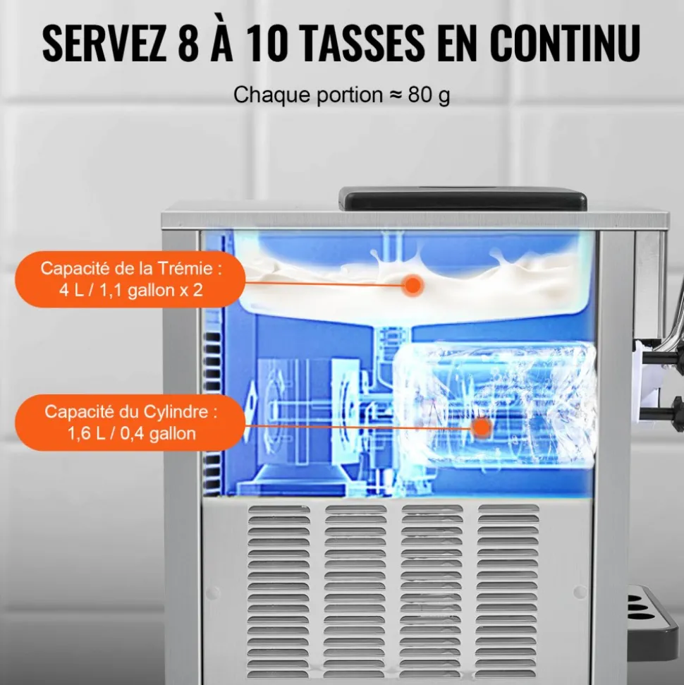 VEVOR Commercial Ice Cream Machine, 21 QT/H Yield, 1800W 3-Flavor Countertop Soft Serve Ice Cream Maker, 2 x 4L Hopper 2 x 1.8L Cylinder, LCD Panel Auto Clean Pre-cooling, for Restaurant Snack Bar
