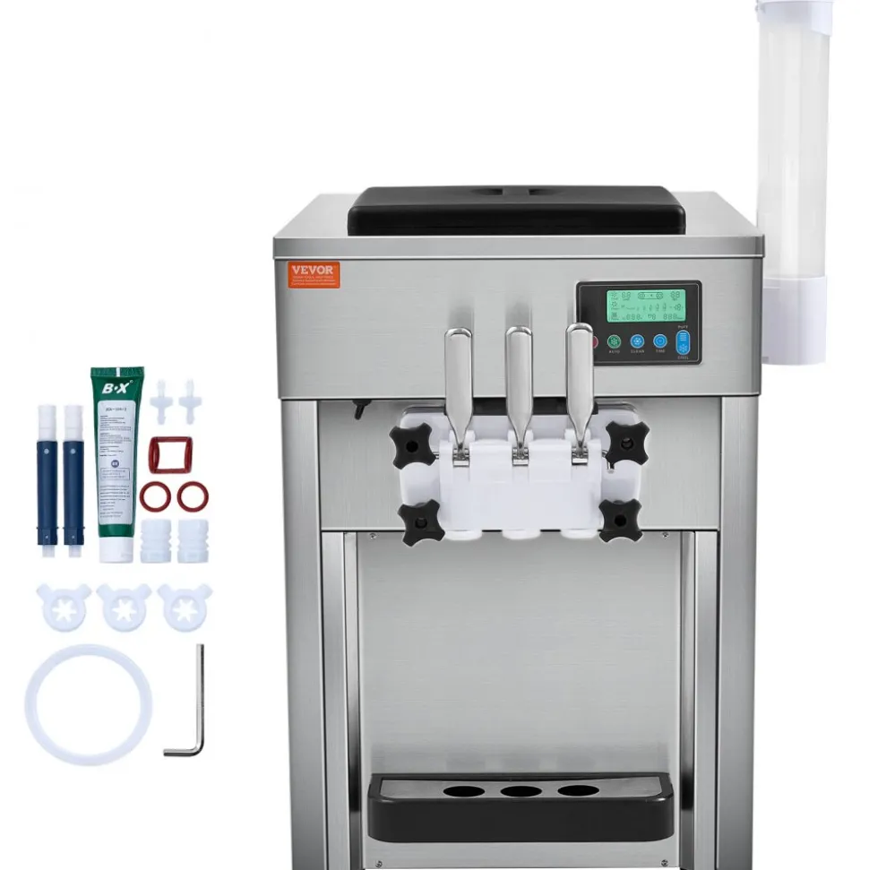VEVOR Commercial Ice Cream Machine, 21 QT/H Yield, 1800W 3-Flavor Countertop Soft Serve Ice Cream Maker, 2 x 4L Hopper 2 x 1.8L Cylinder, LCD Panel Auto Clean Pre-cooling, for Restaurant Snack Bar