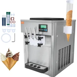 VEVOR Commercial Ice Cream Machine, 21 QT/H Yield, 1800W 3-Flavor Countertop Soft Serve Ice Cream Maker, 2 x 4L Hopper 2 x 1.8L Cylinder, LCD Panel Auto Clean Pre-cooling, for Restaurant Snack Bar