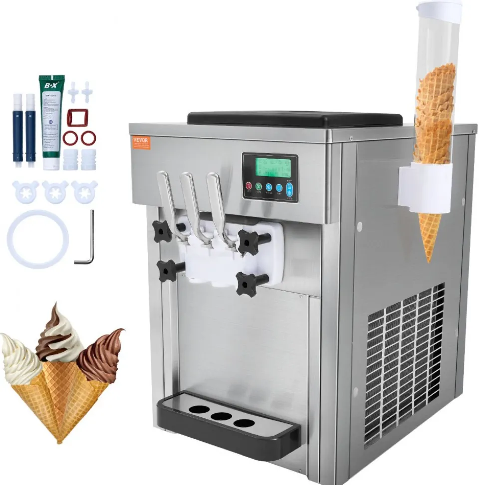 VEVOR Commercial Ice Cream Machine, 21 QT/H Yield, 1800W 3-Flavor Countertop Soft Serve Ice Cream Maker, 2 x 4L Hopper 2 x 1.8L Cylinder, LCD Panel Auto Clean Pre-cooling, for Restaurant Snack Bar