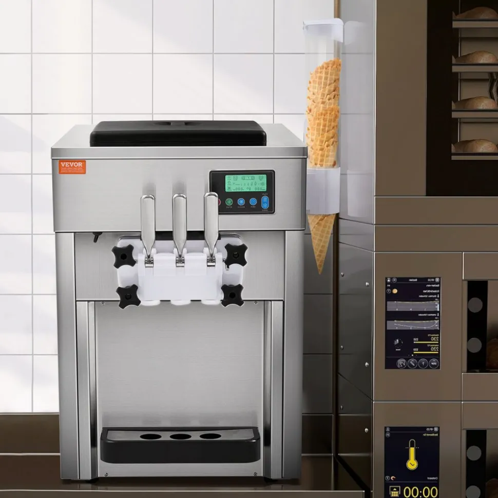 VEVOR Commercial Ice Cream Machine, 21 QT/H Yield, 1800W 3-Flavor Countertop Soft Serve Ice Cream Maker, 2 x 4L Hopper 2 x 1.8L Cylinder, LCD Panel Auto Clean Pre-cooling, for Restaurant Snack Bar