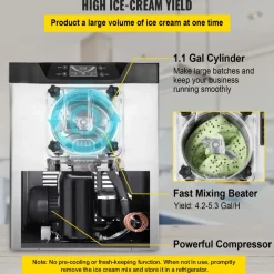 VEVOR Commercial Ice Cream Machine 1400W 20/5.3 Gph Hard Serve Ice Cream Maker with LED Display Screen Auto Shut-Off Timer One Flavors Perfect for Restaurants Snack bar Supermarkets