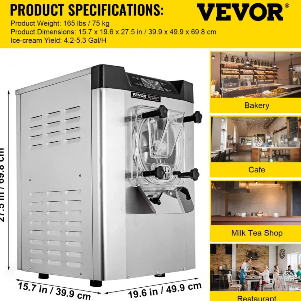 VEVOR Commercial Ice Cream Machine 1400W 20/5.3 Gph Hard Serve Ice Cream Maker with LED Display Screen Auto Shut-Off Timer One Flavors Perfect for Restaurants Snack bar Supermarkets