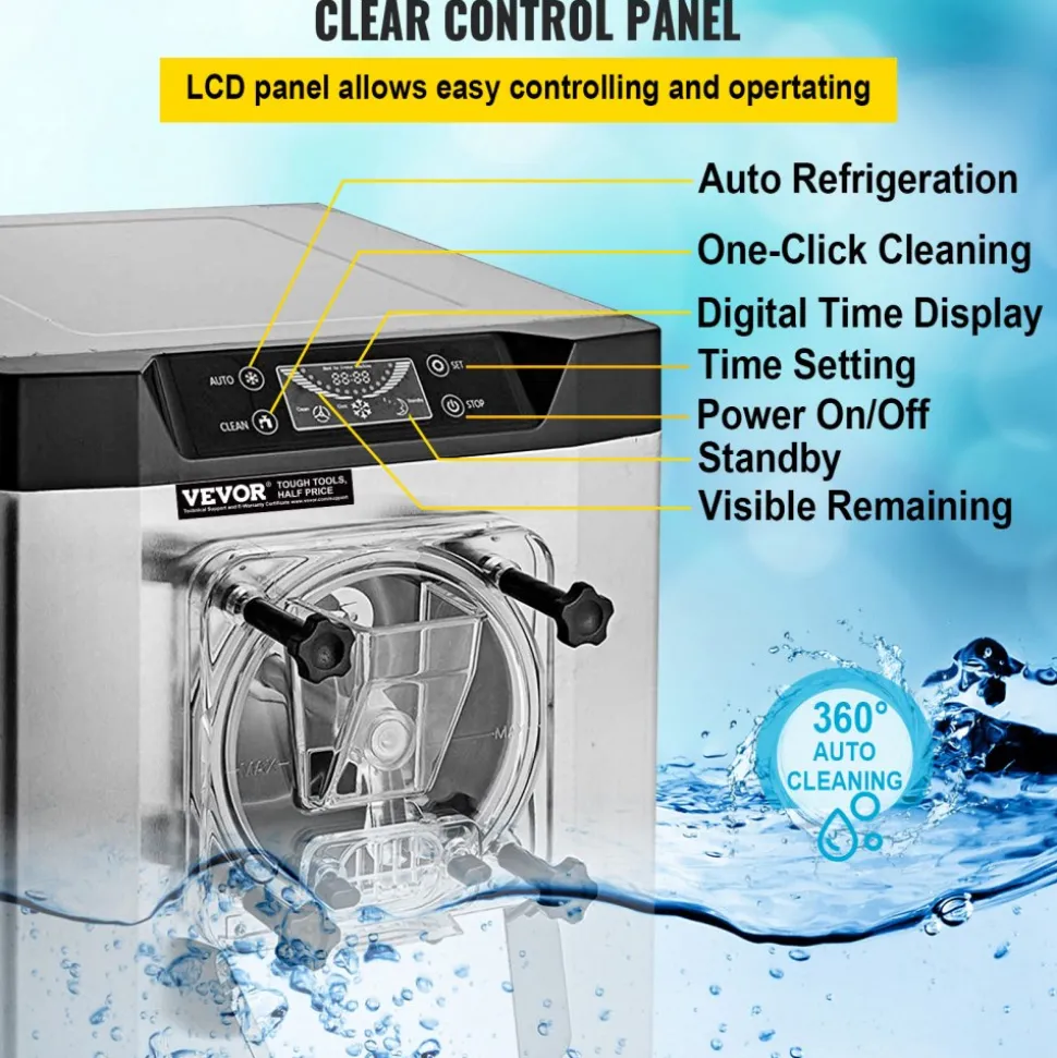 VEVOR Commercial Ice Cream Machine 1400W 20/5.3 Gph Hard Serve Ice Cream Maker with LED Display Screen Auto Shut-Off Timer One Flavors Perfect for Restaurants Snack bar Supermarkets