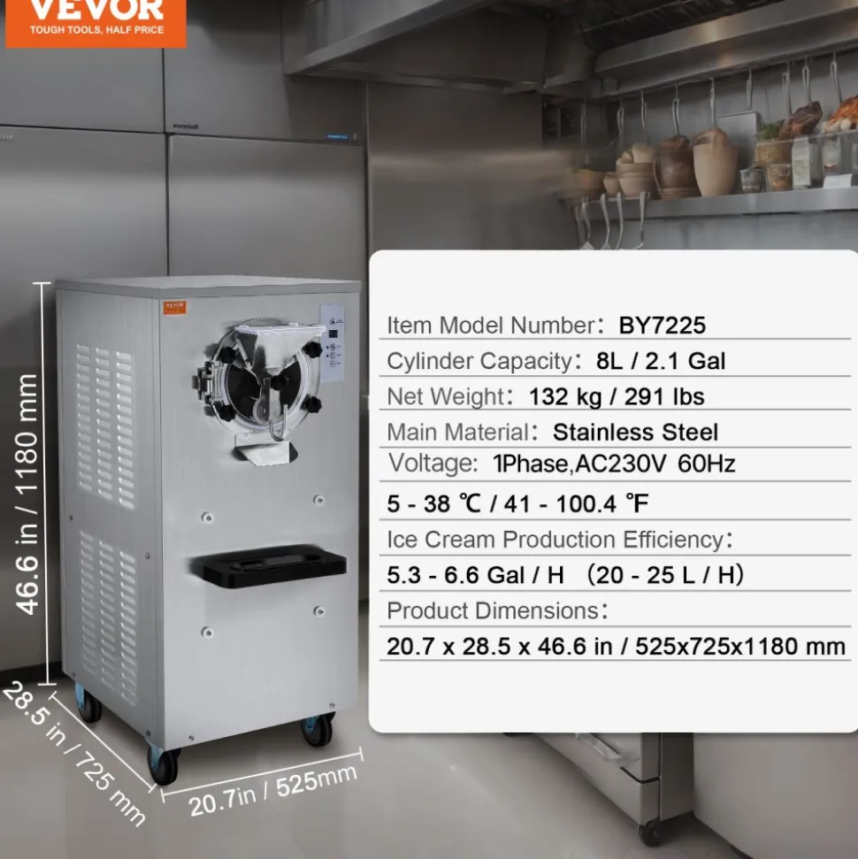 VEVOR Commercial Ice Cream Machine, 20-25L/H Yield, 2400W 1-Flavor Hard Serve Ice Cream Maker, 8L Stainless Steel Cylinder, Digital Display Auto Clean Adjustable Hardness, for Restaurant Snack Bars