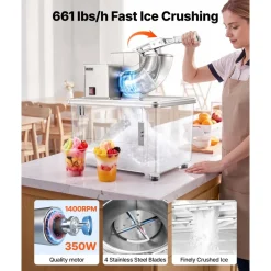 VEVOR Commercial Ice Crusher 661LBS/H, 350W Electric Snow Cone Machine with 4 Blades, 2000RPM Stainless Steel Shaved Ice Machine with 11 Gal Crushed-Ice Box, for Family Restaurants Bars, Silver
