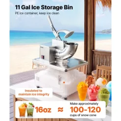 VEVOR Commercial Ice Crusher 661LBS/H, 350W Electric Snow Cone Machine with 4 Blades, 2000RPM Stainless Steel Shaved Ice Machine with 11 Gal Crushed-Ice Box, for Family Restaurants Bars, Silver