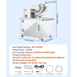 VEVOR Commercial Ice Crusher 661LBS/H, 350W Electric Snow Cone Machine with 4 Blades, 2000RPM Stainless Steel Shaved Ice Machine with 11 Gal Crushed-Ice Box, for Family Restaurants Bars, Silver