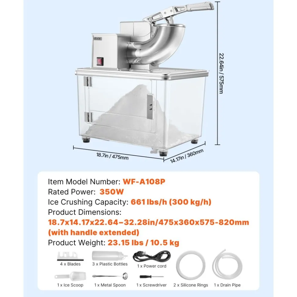 VEVOR Commercial Ice Crusher 661LBS/H, 350W Electric Snow Cone Machine with 4 Blades, 2000RPM Stainless Steel Shaved Ice Machine with 11 Gal Crushed-Ice Box, for Family Restaurants Bars, Silver
