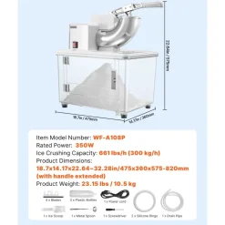 VEVOR Commercial Ice Crusher 661LBS/H, 350W Electric Snow Cone Machine with 4 Blades, 1400RPM Stainless Steel Shaved Ice Machine with 11 Gal Crushed-Ice Box, for Family Restaurants Bars, White