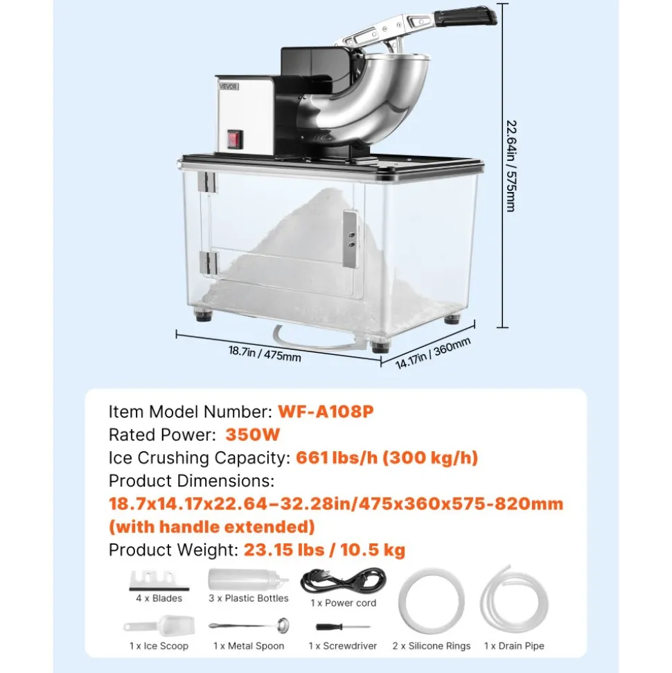VEVOR Commercial Ice Crusher 661LBS/H, 350W Electric Snow Cone Machine with 4 Blades, 2000RPM Stainless Steel Shaved Ice Machine with 11 Gal Crushed-Ice Box, for Family Restaurants Bars, Black