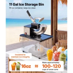 VEVOR Commercial Ice Crusher 661LBS/H, 350W Electric Snow Cone Machine with 4 Blades, 2000RPM Stainless Steel Shaved Ice Machine with 11 Gal Crushed-Ice Box, for Family Restaurants Bars, Black
