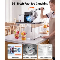VEVOR Commercial Ice Crusher 661LBS/H, 350W Electric Snow Cone Machine with 4 Blades, 2000RPM Stainless Steel Shaved Ice Machine with 11 Gal Crushed-Ice Box, for Family Restaurants Bars, Black