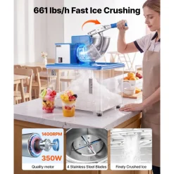VEVOR Commercial Ice Crusher 661LBS/H, 350W Electric Snow Cone Machine with 4 Blades, 2000RPM Stainless Steel Shaved Ice Machine with 11 Gal Crushed-Ice Box, for Family Restaurants Bars, Blue