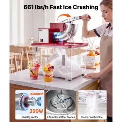 VEVOR Commercial Ice Crusher 661LBS/H, 350W Electric Snow Cone Machine with 4 Blades, 2000RPM Stainless Steel Shaved Ice Machine with 11 Gal Crushed-Ice Box, for Family Restaurants Bars, Red
