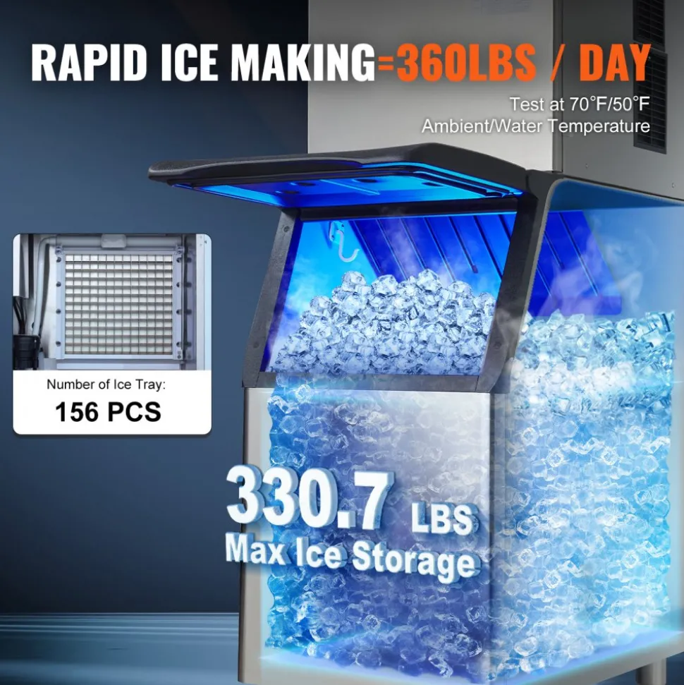 VEVOR Commercial Ice Maker, 360LBS/24H Ice Making Machine with 330.7LBS Large Storage Bin, 700W Auto Self-Cleaning Ice Maker Machine with 3.5-inch LED Panel for Bar Cafe Restaurant Business