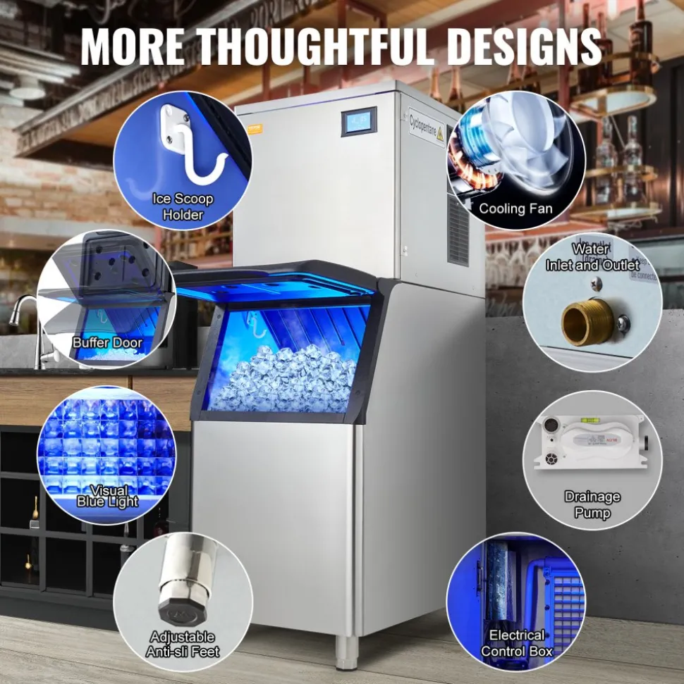 VEVOR Commercial Ice Maker, 400LBS/24H Ice Making Machine with 330.7LBS Large Storage Bin, 800W Auto Self-Cleaning Ice Maker Machine with 3.5-inch LED Screen for Business Bar