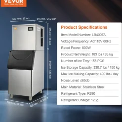 VEVOR Commercial Ice Maker, 400LBS/24H Ice Making Machine with 330.7LBS Large Storage Bin, 800W Auto Self-Cleaning Ice Maker Machine with 3.5-inch LED Screen for Business Bar