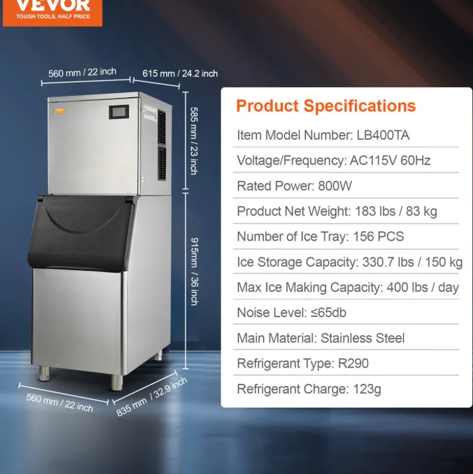 VEVOR Commercial Ice Maker, 400LBS/24H Ice Making Machine with 330.7LBS Large Storage Bin, 800W Auto Self-Cleaning Ice Maker Machine with 3.5-inch LED Screen for Business Bar