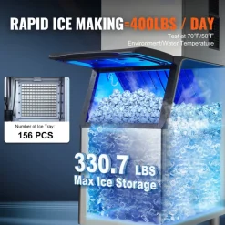 VEVOR Commercial Ice Maker, 400LBS/24H Ice Making Machine with 330.7LBS Large Storage Bin, 800W Auto Self-Cleaning Ice Maker Machine with 3.5-inch LED Screen for Business Bar