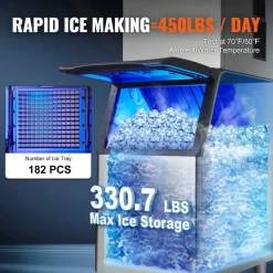 VEVOR Commercial Ice Maker, 450LBS/24H Ice Making Machine with 330.7LBS Large Storage Bin, 1000W Auto Self-Cleaning Ice Maker Machine with 3.5-inch LED Panel for Bar Cafe Restaurant Business