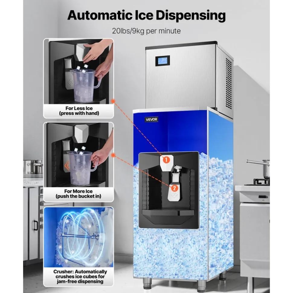 VEVOR Commercial Ice Maker, 440 Lbs/Day Ice Maker Machine, 180 Lbs Large Ice Storage Bin with 20 Lbs/Min Automatic Ice Dispensing, Self-Cleaning Ice Machine with Touchscreen for Bar, Cafe, Restaurant