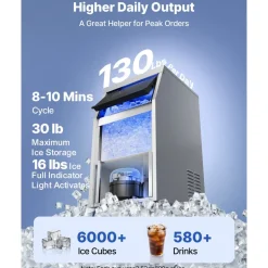 VEVOR Commercial Ice Maker Machine, 130 lbs/24h with 30 lbs Storage Capacity, Built-in/Freestanding/Under Counter, Stainless Steel Ice Maker with LED Display & Self-Cleaning, for Home Bar Restaurant
