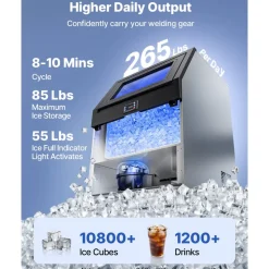 VEVOR Commercial Ice Maker Machine, 265 lbs/24h with 85 lbs Storage Capacity, Built-in/Freestanding/Under Counter, Stainless Steel Ice Maker with LED Display & Self-Cleaning, for Home Bar Restaurant